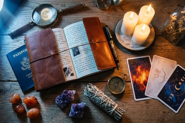 Woman writing affirmations in a journal illuminated by a bright spring full moon.
