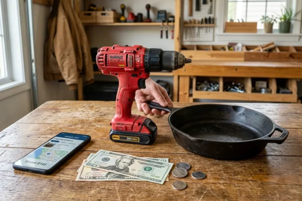 Man inspecting a vintage heavy-duty workbench at a local estate sale.