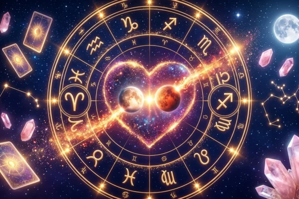 Astrological chart showing Venus and Mars alignment over a glowing pink and gold spring background.