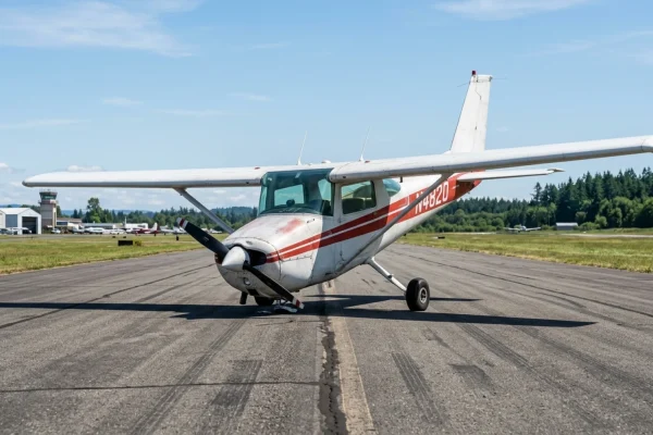 A vintage Cessna 150 aircraft resting nose-down on an airport runway.