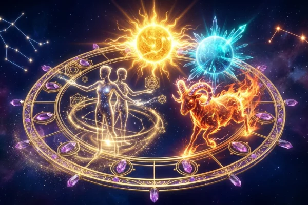 Golden glowing zodiac wheel with precise planetary alignments against a deep starry sky.