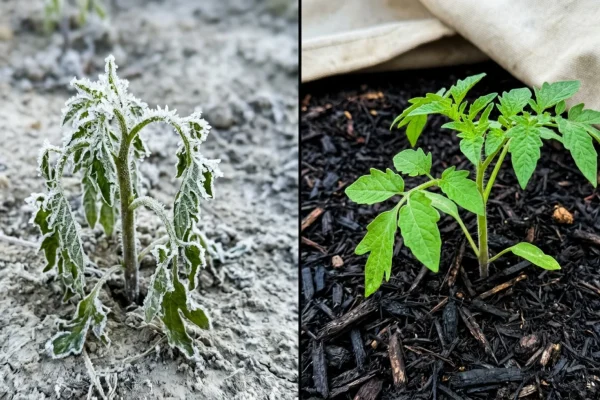 Frost covering tender green garden sprouts during a sudden spring temperature drop.