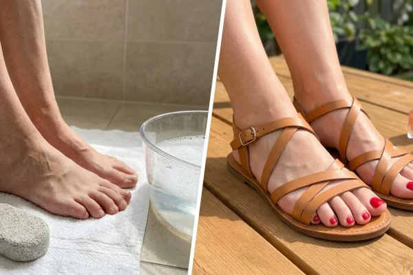 Woman wearing stylish summer sandals showing off a fresh cherry red pedicure at the beach.
