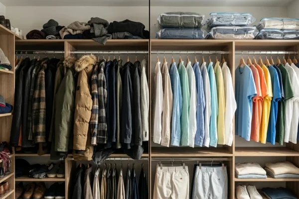 A neatly organized men's closet showing light summer shirts next to heavier spring jackets.