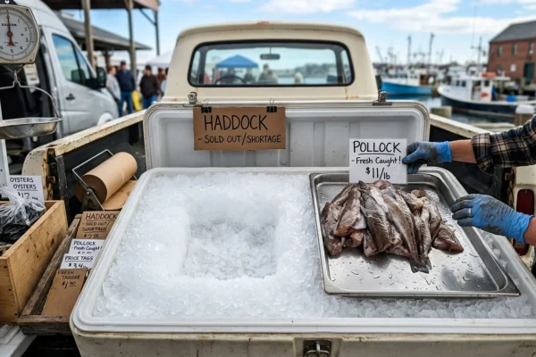 Empty ice display at a seafood market counter.