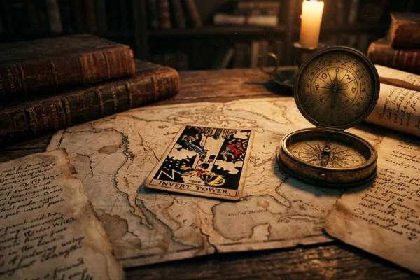 Ancient Rider-Waite tarot cards laid out over a vintage map of North America under a glowing astronomical clock.
