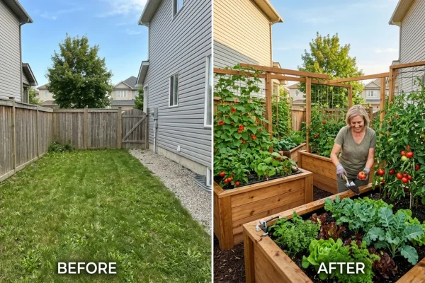 Raised garden beds and a small chicken coop in a dense Toronto backyard.