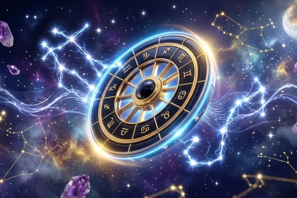 A glowing neon zodiac wheel showing Uranus in Gemini and a deep red Scorpio moon.
