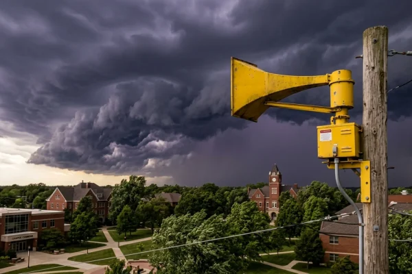 A large outdoor emergency weather siren mounted on a tall utility pole.