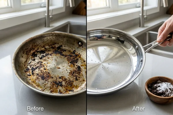 A small bowl containing a mixture of dark coffee grounds and white baking soda on a kitchen counter.