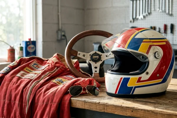 Split image of Gilles Villeneuve in red Ferrari overalls and Jacques Villeneuve with peroxide blonde hair in baggy racing gear.