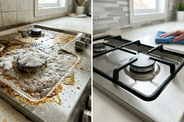 Foaming mixture of baking soda and vinegar on a dirty stovetop.