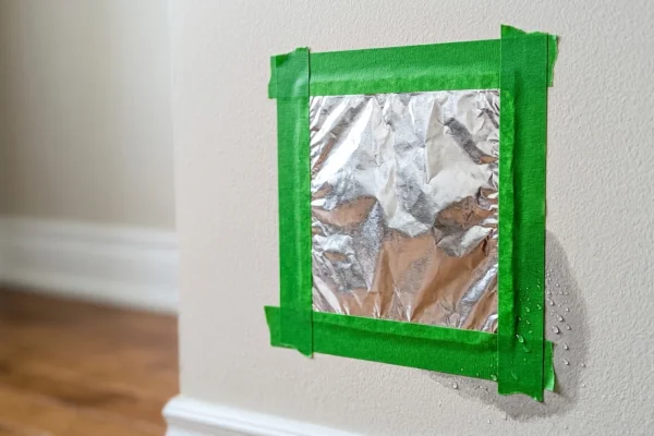 Piece of aluminum foil taped securely to a painted drywall surface.