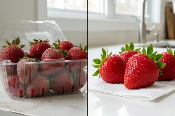 A bowl of fresh red strawberries being soaked in a water and baking soda solution.