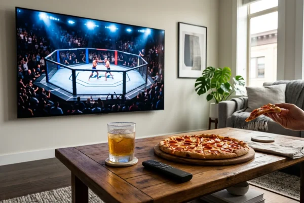 An illuminated MMA octagon set up outdoors with an iconic governmental building in the background.