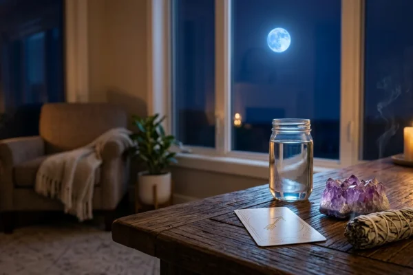A glowing, distant full moon in a deep indigo spring night sky.
