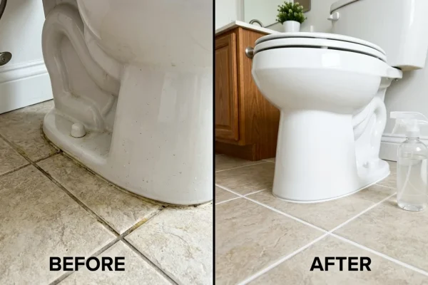 A spray bottle of white vinegar sitting next to a sparkling clean white toilet base.