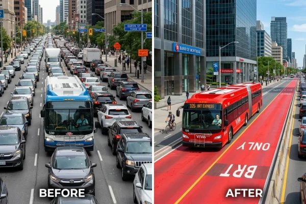 Crowded streetcar stuck in downtown Toronto traffic.