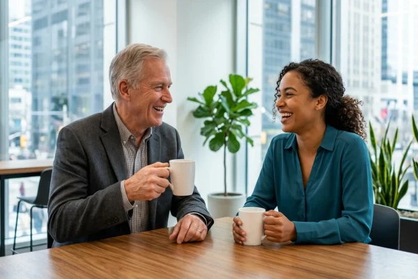 Two male colleagues sharing a coffee and laughing in a modern Canadian office breakroom.