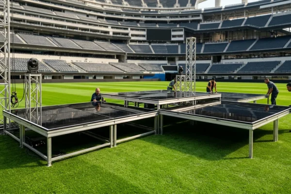 BTS, Madonna, and Shakira performing on a massive stadium stage with bright lights.