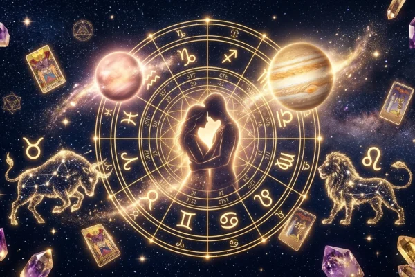 Glowing astrological chart showing planetary alignments in the spring sky.