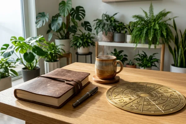 A glowing astrological chart projected onto a wooden workbench next to drafting tools.