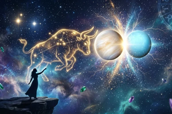 Golden glowing zodiac wheel floating against a deep purple starry summer night sky.