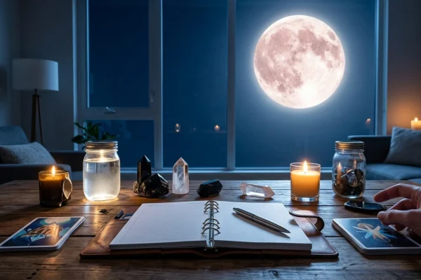 Pleine lune dorée brillant avec intensité au-dessus d'une forêt nord-américaine estivale.
