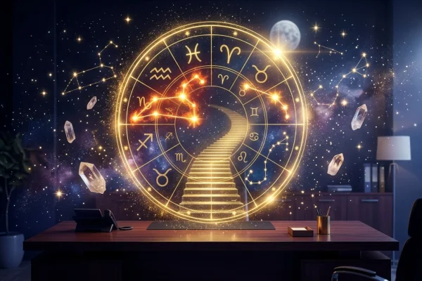 A glowing golden compass resting on a mystical astrology natal chart.