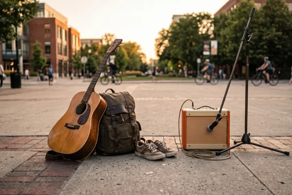 Musicien de rue jouant de la guitare acoustique sur les berges de la Seine au crépuscule.