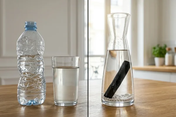 Verre d'eau pure rempli depuis un robinet de cuisine en inox.