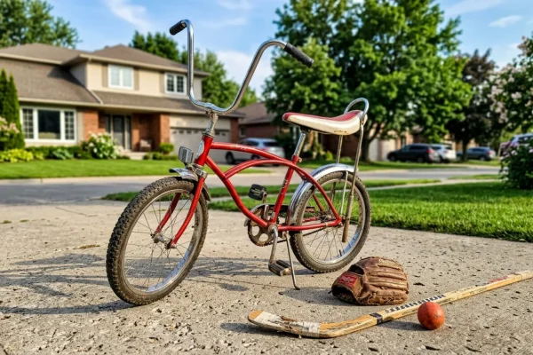 Kids riding vintage bicycles down a suburban street without adult supervision.