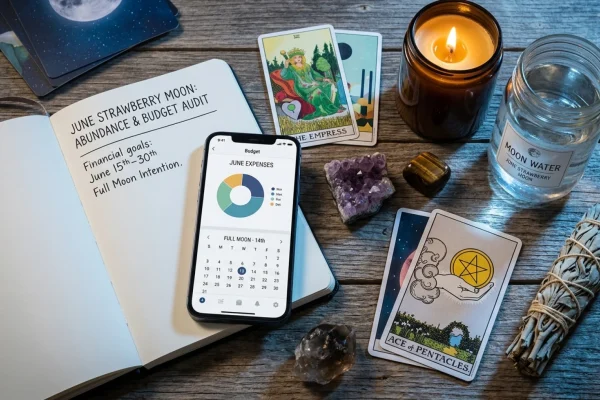 A glowing June full moon illuminating a minimalist tarot reading setup on a wooden table.