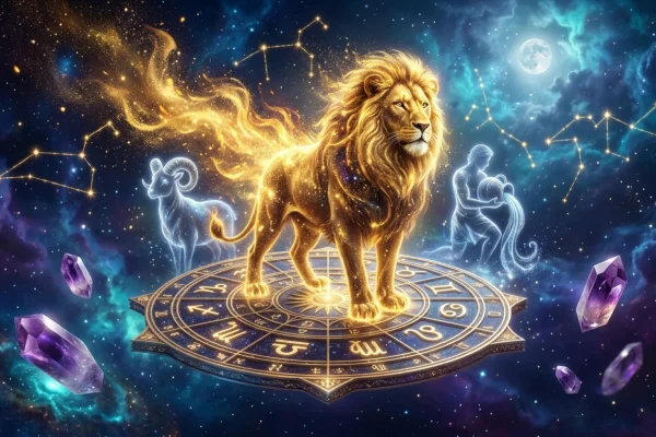 Ciel étoilé d'été montrant la planète Jupiter brillante, parfaitement alignée avec la constellation dorée du Lion.