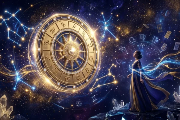 Carte astrale mystique illuminée par le soleil radieux du solstice d'été 2026.