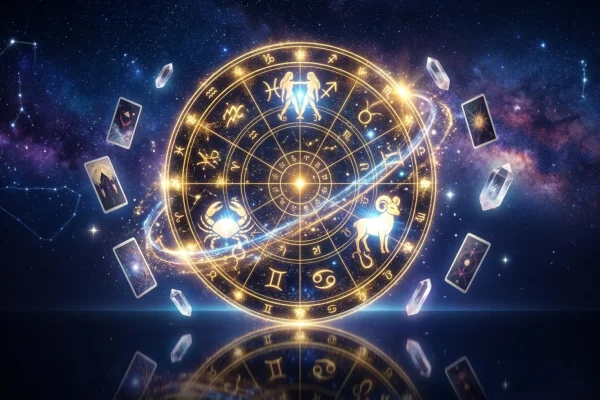 Illustration mystique du zodiaque avec Jupiter brillant dans le ciel étoilé de juin 2026.