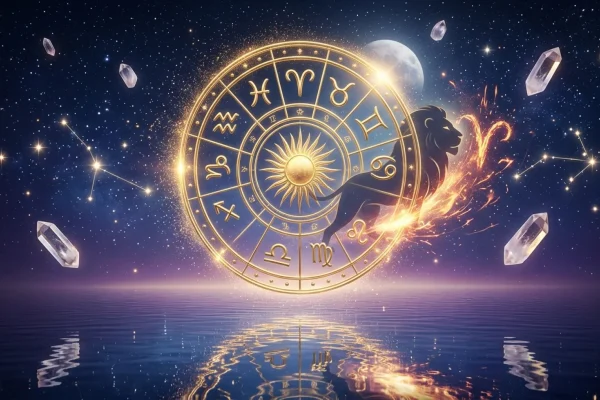 Golden sun radiating over a glowing cosmic zodiac wheel during the summer solstice.