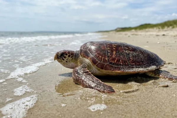 A rehabilitated hybrid sea turtle resting on the beach sand just before ocean release.