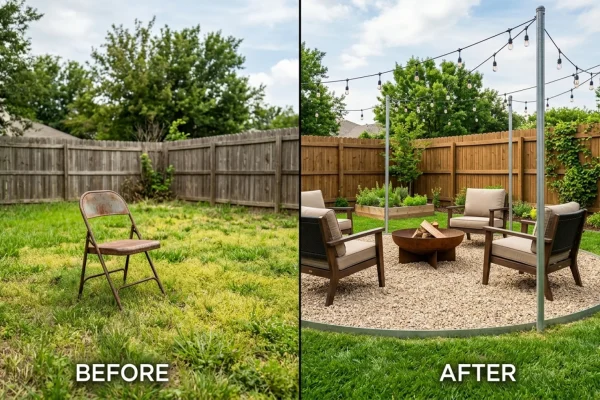 A wooden pallet patio with string lights and budget-friendly outdoor seating.