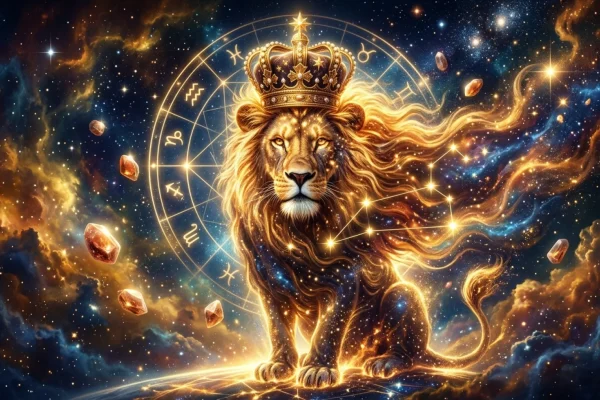 Golden lion symbol surrounded by glowing sun rays and astrological glyphs in the summer sky.