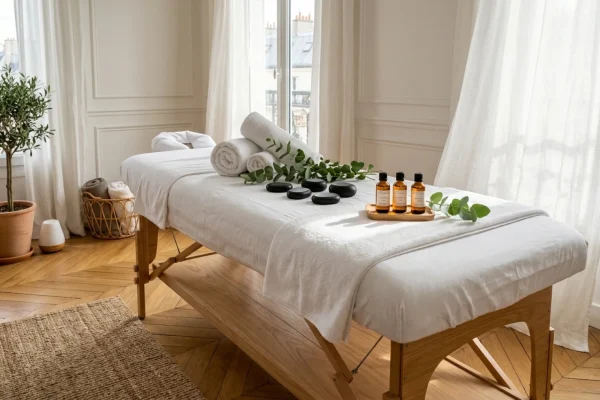 Gros plan sur des mains réalisant un massage ayurvédique relaxant sur un dos.
