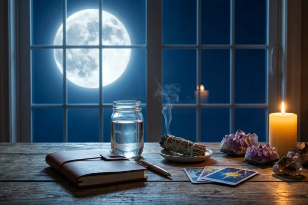 Pleine lune brillante illuminant un lac et une forêt de conifères au Canada.