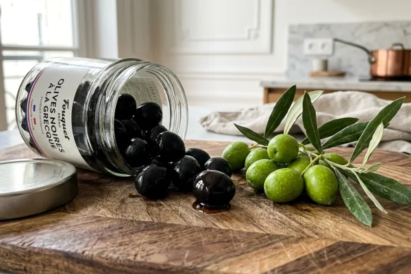 Un bocal d'olives noires parfaitement uniformes posé sur une table de cuisine.