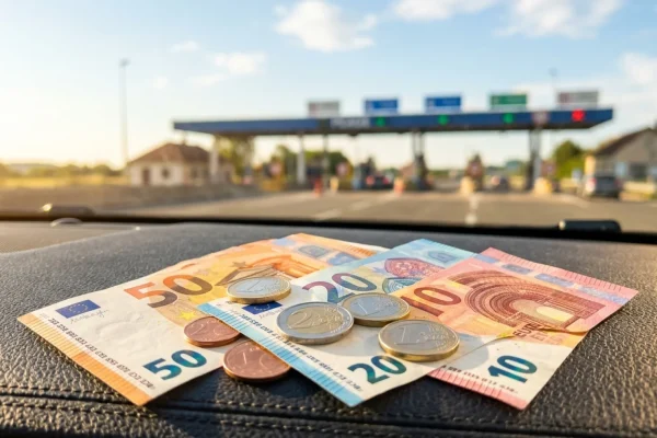 Une voiture passant au télépéage sur une autoroute française.