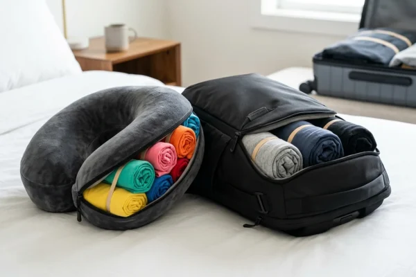 Man effortlessly zipping a perfectly organized, compact travel backpack.