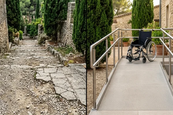 Fauteuil roulant manuel équipé de freins de sécurité sur une pente douce et aménagée.
