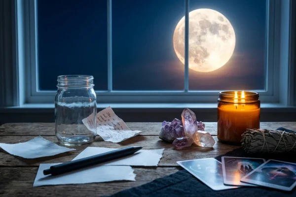 A glowing golden full moon illuminating a quiet Canadian pine forest reflecting on a lake.