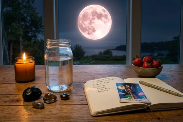 Une lune pleine lumineuse et légèrement éloignée brillant au-dessus d'une forêt de conifères en été.