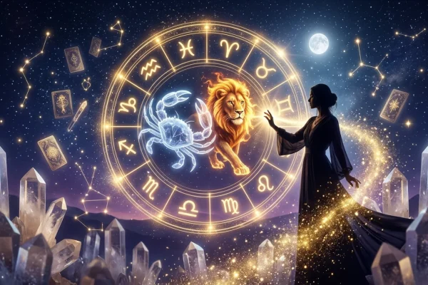 Golden glowing sun illuminating the zodiac wheel in the summer sky.