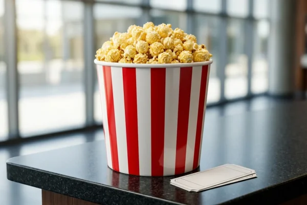 Audience wearing 3D glasses and eating popcorn in a packed movie theater.
